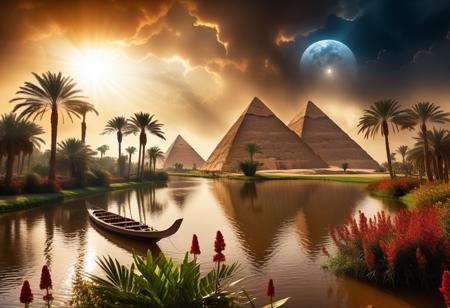 cinematic photo of Khufu ship sailing on small lake beside magnificent three pyramids of Giza appear clearly, papyrus plants, charm, Professional lighting, full of life, Lively and energetic, 8K, rays of sun flow beyond heavy clouds, HDR, Cinematic Shot, Cinematic Lighting, amazing world, pure perfection, wide angle exterior background, autumn leaves, grass, flowers, jasmine flowers, palm trees, nebula horizon.