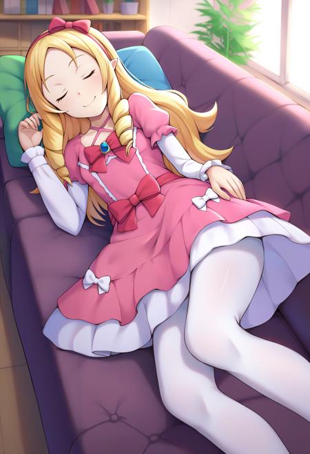 score_9, yamada elf, 1girl, solo, smile, looking at the viewer, blonde hair, long hair, drill hair, closed eyes, pointy ears, small breasts, red hairbow, hairband, pink dress, bow, white pantyhose, long sleeves, bedroom, couch, sleeping <lora:Yamada_Elf-XL-pony:0.75>