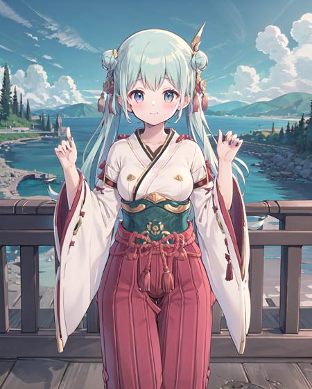 masterpiece, shiny, 1girl, outfit-mikoattire, standing,breasts, solo, small breasts, long hair, thighs, habit, smile, chromatic aberration abuse, best quality ,outdoors, wide sleeves,hakama,outdoors,  <lora:001V2_outfit-000006:0.8>