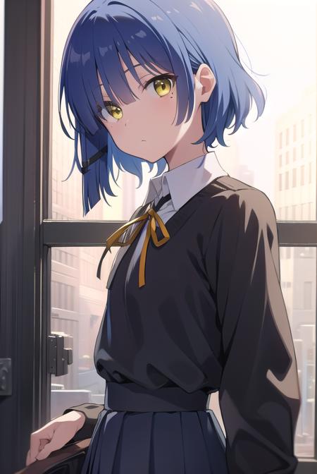 ryouyamada, <lora:ryouyamadatest:1>, ryou yamada, blue hair, eyes visible through hair, mole, mole under eye, short hair, (yellow eyes:1.5), hairclips,
BREAK black pantyhose, black ribbon, blue skirt, brown footwear, loafers, long sleeves, pantyhose, ribbon, school uniform, shimokitazawa high school uniform, shirt, shoes, skirt, white shirt,,
BREAK looking at viewer,
BREAK indoors, classroom,
BREAK <lora:GoodHands-vanilla:1>, (masterpiece:1.2), best quality, high resolution, unity 8k wallpaper, (illustration:0.8), (beautiful detailed eyes:1.6), extremely detailed face, perfect lighting, extremely detailed CG, (perfect hands, perfect anatomy),