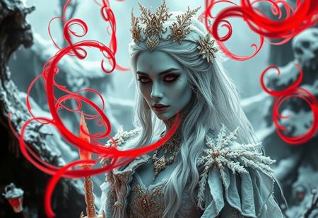 “A hyperrealistic depiction of an ice princess with an eerie ambiance, wearing heavy gothic makeup, set in a rotten and decayed world. The scene is intricate with frost-covered elements, blending a fantasy horror concept with a dark fairytale wonderland background. Red color twirls swirl through the scene, adding an ominous and sinister touch. The white and gold color palette contrasts sharply with decayed, rotting surroundings and the red accents, creating a haunting atmosphere. The image uses a 12mm lens effect to enhance depth and distortion, with sharp contrasts, deep shadows, and an ultra-detailed photorealistic style. The ice princess appears both enchanting and terrifying, emanating mesmerizing visual storytelling in a chilling, frost-bitten, and decayed environment.”