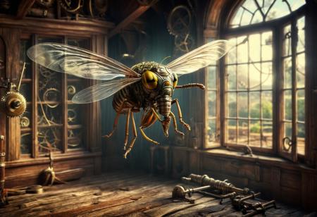 a diminutive fantasy mechanic clockwork metallic Flying wasp, in a poor medieval house entered breaking the window glass