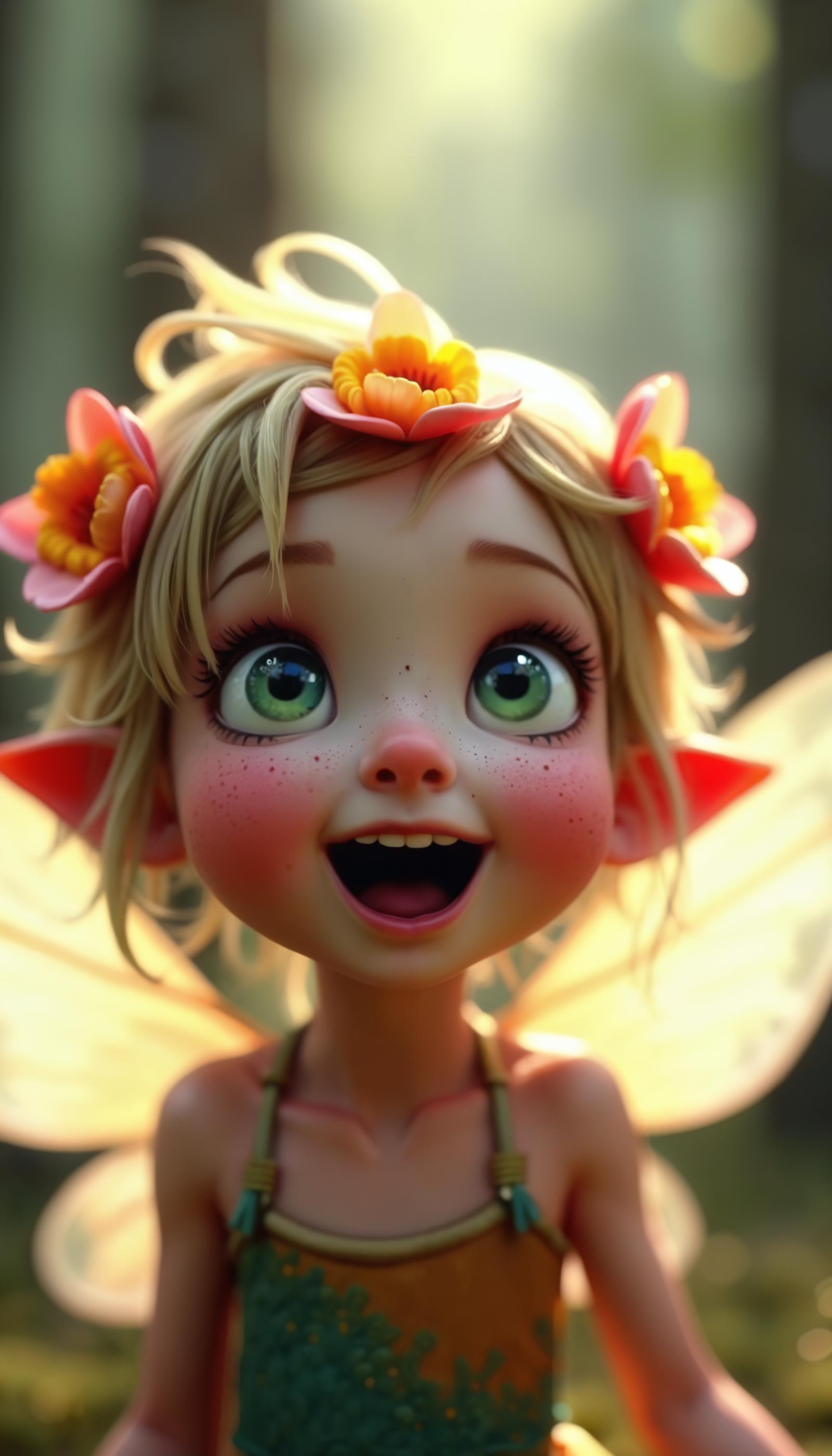 (Full Body Shot) Whimsical fairy, wide-eyed wonder. Messy golden hair, freckled face. Translucent dragonfly wings, flower crown. Pointed ears, open-mouthed surprise. Huge green eyes, dilated pupils. Soft ethereal lighting, forest backdrop. Hyper-realistic 3D rendering. Delicate skin texture, visible pores. Wisps of hair catching light. Macro detail on wings and flowers. Magical sparkles, bokeh effect. Vibrant colors, warm tones.