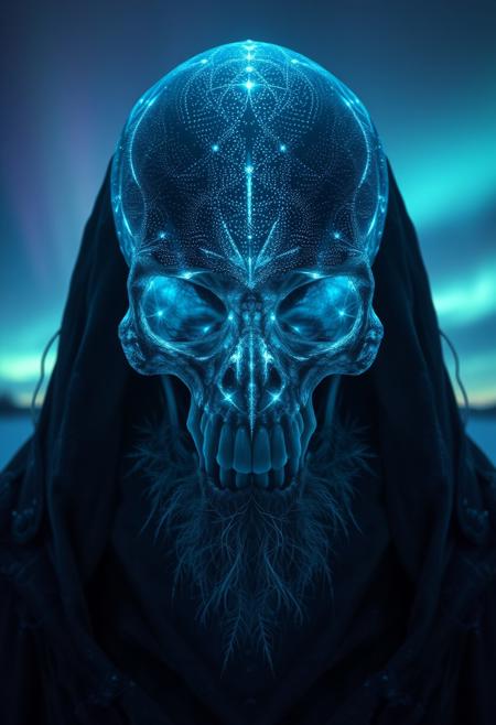 A symmetric portrait of a male, evil frozen Skelator, features dissolving into frozen magic thin, luminescent blue lines. Weighted Voronoi stippling and laser caustics create a network, transitioning from hyperrealistic detail to abstract, quantum-inspired forms. Ethereal hues blend, evoking existential transition and mystery. Close-up on face, evil skull partially visible. Set against a twilight arctic backdrop, icy winds ripple through his tattered robes. Rendered in a fusion of photorealism and digital surrealism, the scene is illuminated by ghostly Northern Lights. Emphasis on cold, menacing atmosphere, invoking Nordic myths