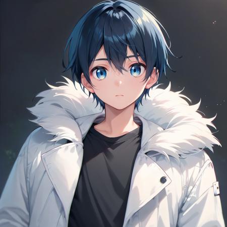 mochizuki_v1  1boy, solo, looking at viewer, black hair, blue hair, black Shirt, ,white jacket,fur coat, black Shirt,  fur coat,