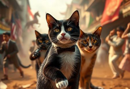 In the heart of the French Indochinese revolution, chaos reigns as humans battle for freedom. Unbeknownst to them, a feline resistance has emerged. Led by Cole, a charismatic tuxedo cat with a knack for time travel, this fearless squad seeks to protect their world from the insidious influence of catnip, which threatens to sedate and control their allies.
As tensions rise, Cole discovers a nefarious plot: an ancient artifact hidden in a temple holds the power to bend time itself. With the clock ticking, he assembles a motley crew of courageous cats—each with their own unique skills—from various points in history. Together, they embark on a dangerous mission through time, navigating the shadows of past conflicts and forging alliances with legendary feline figures.
As the final confrontation looms, a shocking twist unfolds. Cole learns that an unexpected traitor lurks within his ranks, fueled by a desire for power over his time-swirled kin. In a heart-stopping climax, Cole must rally his allies and confront not just the enemy, but the betrayal within, ultimately deciding the fate of both cat and human kind in this epic battle for freedom.
