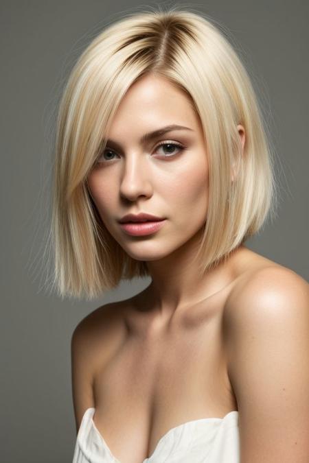 beautiful face,1girl mix White Middle Eastern , solo, dirty blond bob hair, bare shoulder, white background