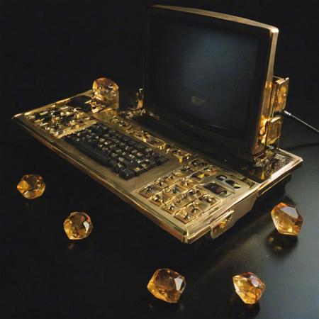 (1990s \(style\), computer terminal:0.3), manufactured in 14 karat gold, with citrine stones, surreal, ethereal, winning photo, black background, matte black flooring, film photography style, light grain, medium grain, heavy grain, Vivid Colors, Tones of Black in Background, High Contrast, Photorealistic, Glamor Shot, Editorial Photography, Sharp Focus, Super-Resolution, 8K, Ray Tracing Reflections, Hyperrealistic, outstanding, superb, award winning, professional, breathtaking, groundbreaking, very coherent symmetrical artwork, <lora:FILM_PHOTOGRAPHY_STYLE:0.7>, insanely detailed and intricate, intricate details, Photo realistic, hyper detail, hyper realistic