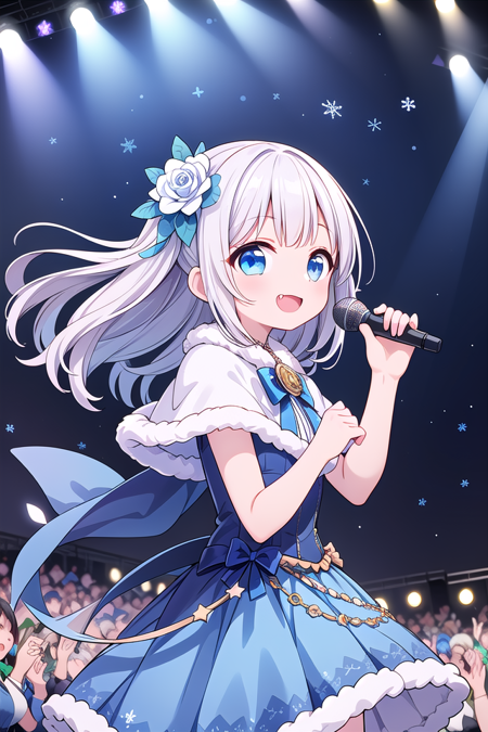 girl,audience,blue capelet,blue dress,blue eyes,capelet,catwalk (walkway),dot nose,dress,dutch angle,fang,film grain,flower,from side,fur-trimmed capelet,fur-trimmed dress,fur trim,glowstick,hair down,hair flower,hair ornament,holding,holding microphone,idol,idol clothes,lens flare,long hair,looking at viewer,microphone,open mouth,outstretched arm,rose,smile,snowflakes,solo,sparkle,stage,stage lights,star (symbol),white flower,white rose ,