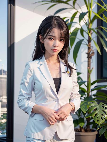 Nikon RAW photo,8 k,Fujifilm XT3,masterpiece, best quality, realistic, photorealistic, ultra detailed, 1girl, standing, closeup, windblown black hair, long hair, makeup, red lips, perfect skin, white skin, (office suit:1.1), ray tracing, plants, soft lighting, morning, sunray, ultra high res, best shadow, <lora:iuftw:0.75>