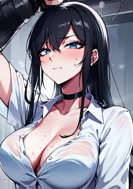 (masterpiece), best quality, lot of details, 1 girl,solo, upper body, close-up, blue eyes, evil smug, from below, messy hair, white shirt, open collar, steaming body, steam, sweat, looking down, black hair, sharp hair,  <lora:Orouu_70_v2:0.6>