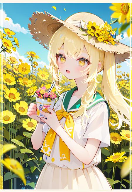 flower in mouth,,yellow eyes,laughing,blonde hair,low braided twintail,white skirt yellow hemline,yellow bow on the chest,wearing a straw hat on the side,
one hand raises up to sky,dynamic angles,
sunshine,day,
(yellow flowers:1.35),(Ochna:1.25),(upper body:1.45),(A splash of colored paint1.15),Movie poster,



 <lora:luminous_hair_blonde:1>