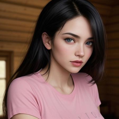 (pink short t-shirt), (blue eyes), cabin, beautiful eyes, (blue eyes), (beautiful girl), high detail skin, high detail eyes, high detail hair, highres, ultra detailed, sharpen picture, Highly detailed, (high detail face), (highly detail face), masterpiece, best quality, photorealistic, 1girl, long hair, (tanned skin), jeans, big breasts, big boobs, big tits, standing, straight hair, (black hair), (pink short t-shirt), (italian girl), half body, (black hair)