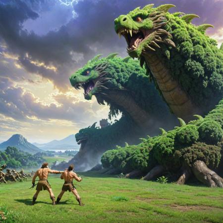 (by Makoto Shinkai:1.2) and (Takasaki Masaharu:0.7) and (Ken Sugimori:1.2) , anime key visual, Rule of Thirds, medium wide shot of a Geeky Ludicrous ("Hercules Slaying the nine-headed Hydra":1.3) , Victorian background, Northern vegetation and Stellar nursery in background, Hazy conditions, Very wide view, Illustration, Depressing, Methaphysical painting, short lighting, 80mm, Colorful, Dufaycolor Photograph, halation, Unsplash, trending on artstation
