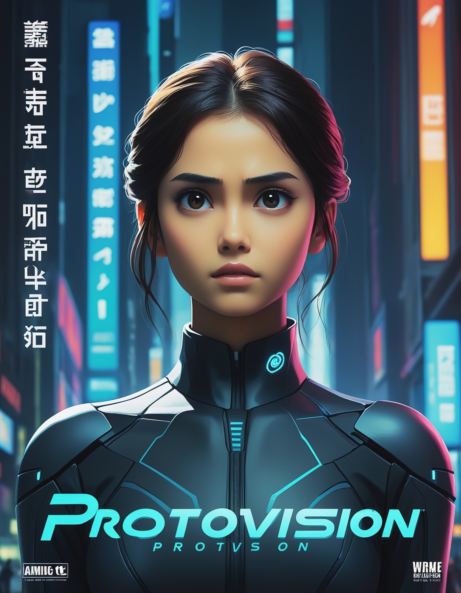 A girl in a futuristic outfit with the word Protovision on the bottom.