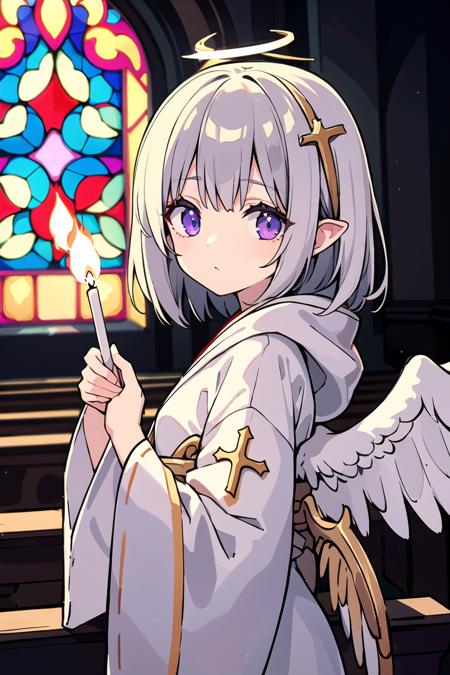 masterpiece, (best quality), (ultra-detailed:1.25), original characters, depth of field, solo focus, solo focus, portrait of a small loli angel wearing a white mage robe standing in a church, soft delicate beautiful attractive face with expressive purple eyes, short wavy silver hair with angel wings and a halo, white mage robe with gold trim and a hood (partially visible: 1.05), holding a crystal orb (partially visible: 1.1), white stockings and shoes (partially visible: 1.15), church background with stained glass windows and wooden pews (blurred: 1.2), (a cross hanging on the wall: 1.25), (a candle stand with lit candles: 1.3)