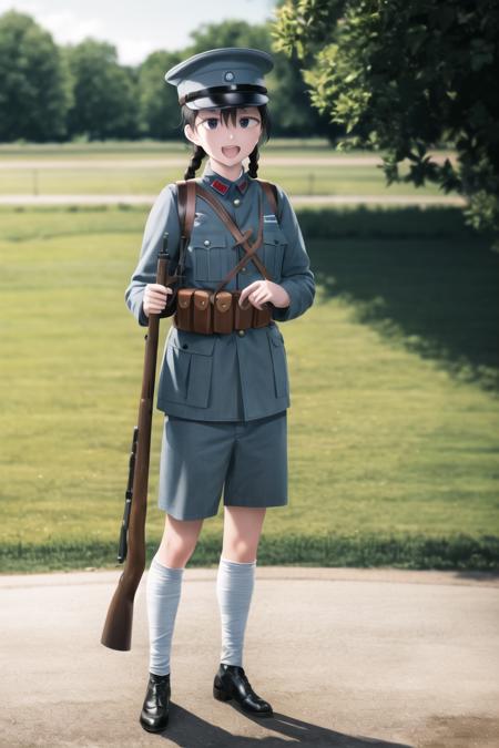 masterpiece, best quality, absurdres, high resolution, extremely detailed, 1girl, solo,   <lora:NRAuniformv0:0.75> ,NRA1926,peaked cap, cap badge,light blue uniform,leather belt pouch, NRA soldier, leg wrappings,leg_wrap, infantryman's puttee, black shoes,  black long hair, single braid,  smile,  open mouth, battlefield,  outdoors,  holding weapon, rifle with bayonet,rifle,bolt_action, backpack,  <lora:shimadaFumikaneStyle_v2:1>