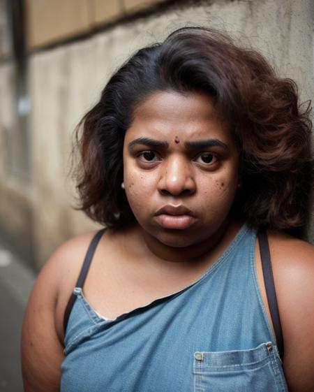 raw photo of, 20 year old woman, woman, brown skin, frontal view, upper body part, shoulders, crooked hair, fine nose, brown hair, clear eyes, unpleasant expression, ugly, obese, asymmetric face, dirty clothes, gangster, criminal, dark street background, subsurface, Photorealistic, Hyperrealistic, Hiperrealistic, Underground, analog style, Detailed piece, Shallow piece, Soft lighting, Subsurface dispersion, realistic, heavy shadow, masterpiece, best quality, ultra realistic, 8k, gold proportion, Intrigued, high detail, film photography, soft focus