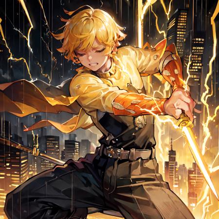 (((master piece))),((best quality)),((((city)))),detailed,1boy,solo,victorious pose, yellow hair,clenched teeth,closed eyes,<lora:Zenitsu-06:0.9>,(rain),(((electricity))),katana,holding sword,ultra detailed face