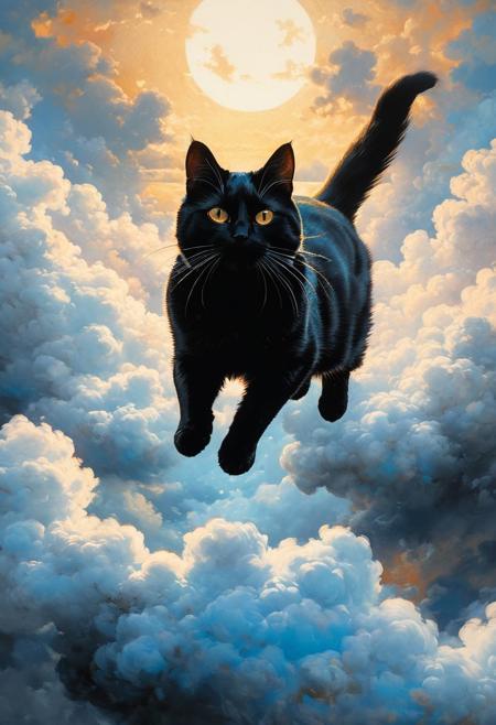 (a black cat flying in the clouds) (ingenious opus magnum by Michael Vincent Manalo and Elvira Vigna:1.2), (pastel oil painting:0.1), high key with glistening light, cosmic anddireful and dramatic atmosphere, (zestful quinacridone nickel azo gold and electricblue color swatch:0.1), raw details, crisp details, bokeh lights, <lora:xl_more_art-full_v1:0.6> ,analog photo, full body,, tall height, against the rise in the background, , , epic clouds, (oil on canvas:0.2), , art by Jeremy Mann, god rays, dramatic light,    ,  (art by Eduard Wilhelm Pose and Master of the Holy Blood and Ivan Bilibin:1.1), (oxygen-rich air and sheltered atmosphere,, aesthetic of hard - edge painting:0.1), symmetry and balance, pioneering unparalleled masterwork with superior details, <lora:MJ52:0.90> <lora:xl_more_art-full_v1:0.4> <lora:RMSDXL_Creative:1>,(skin texture),masterpiece, top quality, best quality, official art,highest detailed,,atmospheric lighting, cinematic composition,complex multiple subjects, 4k HDRvaporwave style , , cyberpunk, vibrant, neon colors, , highly detailed,,,Leica Q2 with Summilux 35mm f/1.2 ASPH, ,clear face, Ultra High Resolution, wallpaper, 8K,Rich texture details, hyper detailed, detailed eyes, detailed background, dramatic angle,