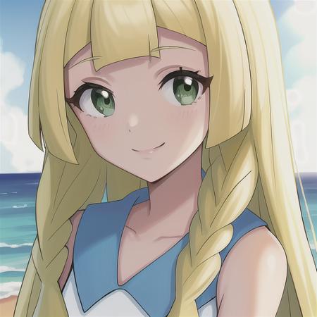 <lora:character_pokemon_lillie_v2:0.5> beach, 1girl, character_pokemon_lillie, solo, portrait, looking at viewer, smile, twin braids, dress