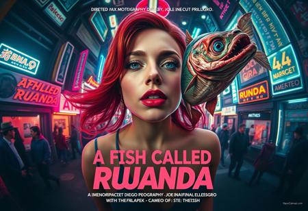 **“A captivating and surreal movie poster for A Fish Called Ruanda, a futuristic B-movie thriller with a girly, campy twist. The scene is viewed through the exaggerated distortion of a fish-eye 12mm cinema prime lens, pulling the viewer into the chaotic, neon-soaked dystopian cityscape. Front and center is the main actress, Katarina Pesceallegro, a striking redhead with a mix of glamour and danger in her expression. Floating ominously nearby is a grotesque, decaying fish, symbolizing the ‘very rotten climax.’
The poster includes bold, retro-futuristic typography for the title A Fish Called Ruanda, with the subtitle in Polish beneath it. The credits at the bottom feature:
	•	Directed by: Max Morrison
	•	Director of Photography: Diego Dalla Luce
	•	Edited by: JOE “FINAL CUT” Switcho
	•	Main Actress: Katarina Pesceallegro
	•	Co-Starring: JOE FISH
	•	With the Cameo of: STEWEN SEAGULL
The design blends neon tones, gritty textures, and campy B-movie flair, making it a trendsetting cinematic experience that teases its quirky, action-packed storyline.”**