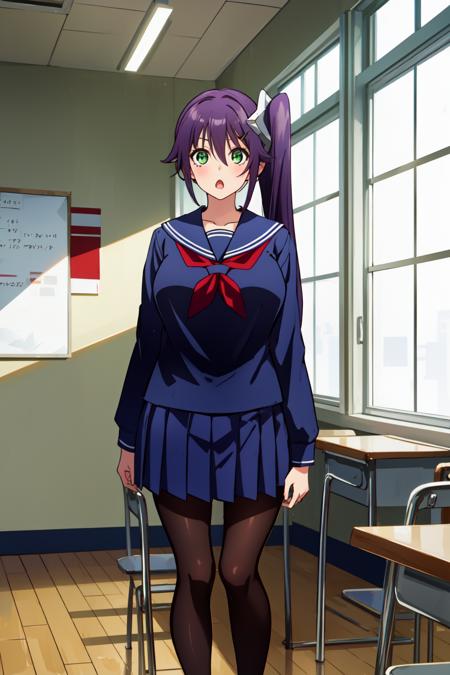 masterpiece, <lora:SagiriAmenoV1-000008:1>, sagiame, 1girl, solo, (((:o:1))), large breasts, purple hair, hair ornament, side ponytail, long hair, bangs, green eyes, long sleeves, sailor collar, red neckerchief, school uniform, serafuku, blue school uniform, skirt, mini skirt, pleated skirt, blue skirt, pantyhose, brown pantyhose, looking at viewer, standing, school room