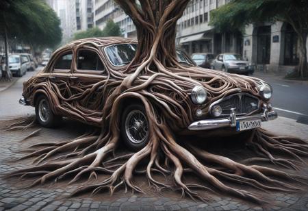 morph-treeroots , car,polished chrome details,classic style design,in city,photography<lora:tree roots_0_100_V1-000008:1>