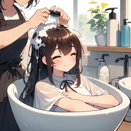 hair salon a strong boy a apron hairstylist stand behind girl lying on ceramics sink lather on hair shower head  shampoo transparent cover-up closed eyes smile wet hair