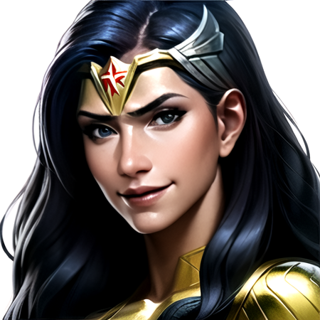 1girl, solo, wonder woman, headgear, smile, long hair, face_focus, simple background, white background, <lora:futurefight3:1>