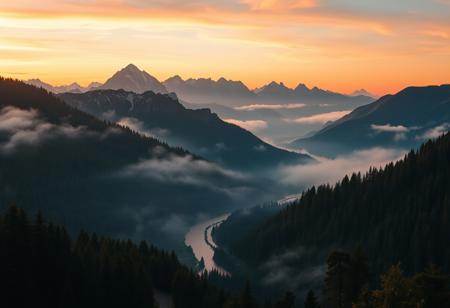mist, mountains, rivers and forests, a wide vista, medieval, D&D, real photo, 4k, high contrast, vibrant colours, movie still, sunset, rich colours