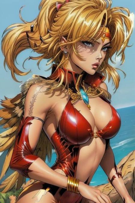 2d artwork ,3/4 view, a gorgeous woman, (upper body:1.5), perfectly drawn hands, (elegant pose:1.3),<lora:Liefeld:0.7>, breathtaking background,