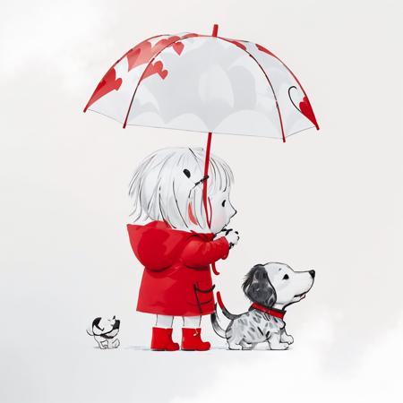 janemassey, massey, 
lineart, white background,illustration, cute, 2d,
janemassey, massey, 1girl, simple background, long sleeves, white background, holding, standing, heart, boots, signature, hood, looking at another, from side, profile, shadow, animal, umbrella, hood down, red footwear, rain, dog, holding umbrella, transparent, limited palette, no mouth, rubber boots, raincoat,
 <lora:janemassey-04:1.05>