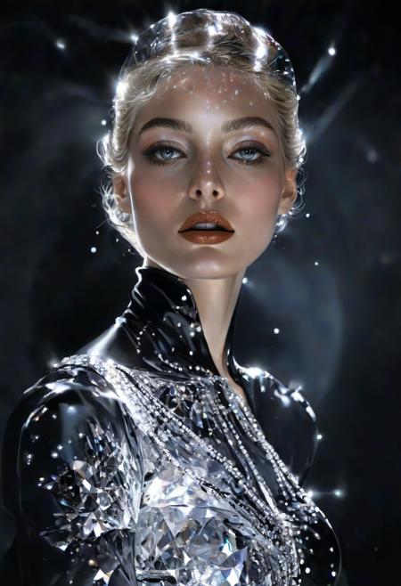 Imagine diamond-like caustic light shining on a blacl model,strong contrast,high-end feel,fashion cover,<lora:Jelena Kevicæµéè²å½©æç»é£æ ¼_v4.0:0.9>,<lora:SDS_GLASS_FLOW_v1.0:0.7>,<lora:ç²å­æ°´è±XL:0.3>,