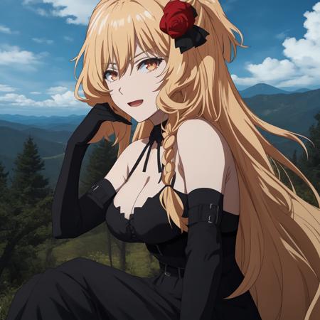 (masterpiece),(best_quality),detailed,Celica_Arfonia,1girl,solo,smug,mischevious_expression,doubt,open_mouth,black_dress,hair_ornament,braid,red_flower,black_ribbon,full_body,sitting,sun,daytime,nature_background,trees,forest,pines,cloud,mountains,breasts, hazel_eyes, blonde_hair, cleavage,anime-style,8k,cg,extremely_detailed,wallpaper,illustration  <lora:Celica_Arfonia-10:0.6>