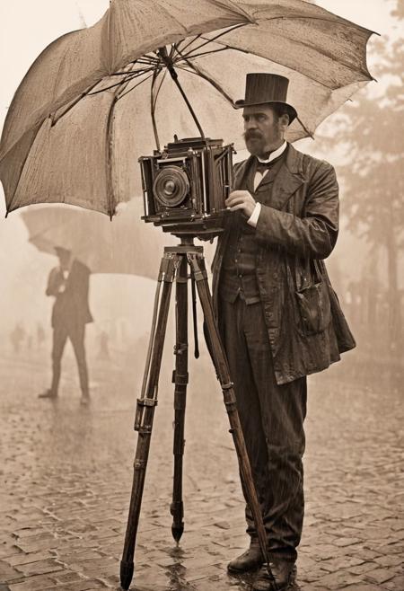 (close-up: 1,5), a photographer holds an umbrella over a wooden format camera standing on a tripod, 1900year, rain, fog, London, stylized 19th century photography, sepia. toned. Lens 100 mm.