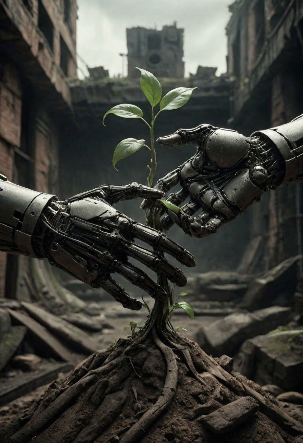 A robotic hand cradling a plant in a dystopian setting.