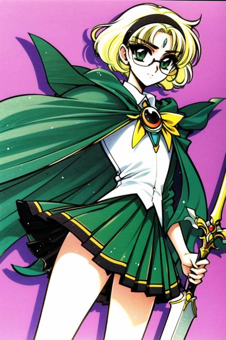 clamp,Magic Knight Rayearth,1girl, sword, weapon, solo, 1990s (style), retro artstyle, glasses, blonde hair, hairband, short hair, green shirt, green eyes, armor, round eyewear, cape, skirt, school uniform, shirt, armored dress, green skirt, <lora:Magic knight Rayearth:0.8>