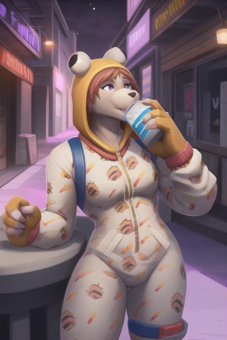 <lora:fnonesie-06:1> fnonesie, detailed background, purple aura, purple sky, drinking from big blue cup, masterpiece, best quality