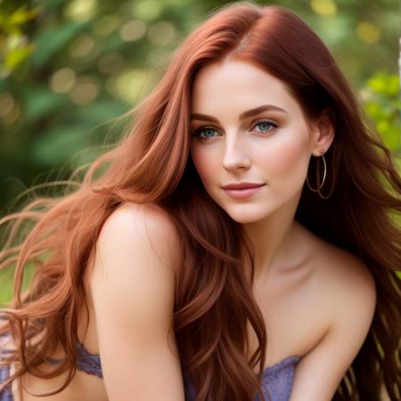 A stunning portrait of a beautiful red-haired woman, viewed from the front. Her face is framed by soft, flowing locks of hair that cascade down her shoulders. Her delicate features are accentuated by the gentle light that falls on her face, highlighting the curve of her cheekbones and the arch of her eyebrows. Her eyes are a deep shade of green, with a hint of mischief and playfulness in them. The corners of her lips are slightly upturned, giving her a subtle smile that adds to her charm. The skin on her face is smooth and flawless, with a natural glow that radiates from within.