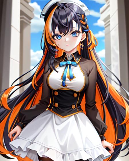 ((petra_gurin)), (new_outfit), masterpiece, best quality, (petra_gurin_hair),  long_hair, blue_eyes,  <lora:petra_1:1>, black hair, multicolored hair, streaked hair, orange hair,