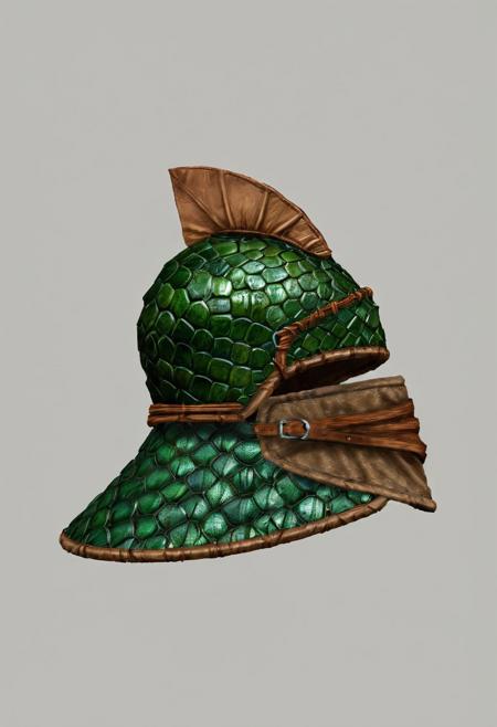 2d flat texture, centered, SIDE view,hyper-realistic, Realism, HDR, detailed, medieval warior style, emerald-green-colored dragon hide, HELMET covered with emerld-green-colored dragon scales, dragonborn scales, wet scales, brown leather underwear, simple gray background