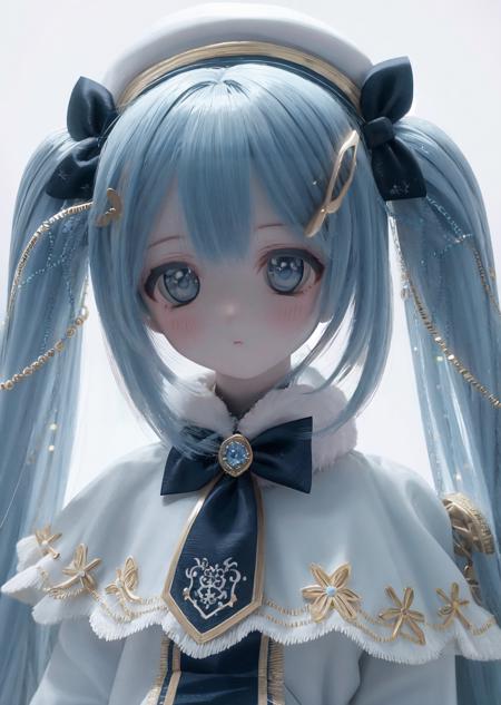 mksks style, masterpiece, best quality, sidelighting,  <lora:yuki_miku_2021-10:1>, 
 yuki miku (2021), 1girl, blue gloves, book, white headwear, blue hair, twintails, musical note hair ornament, gloves, beret, hat, bow, solo, blue eyes, long hair, musical note, capelet, white capelet, braid, light blue hair, snowflake print, blue bow, hair ornament, braided bangs, looking at viewer, hair bow, upper body, white dress, fur trim, fur-trimmed capelet, treble clef, white background, gold trim, dress, very long hair, bowtie, christmas lights, tabard, lily of the valley,