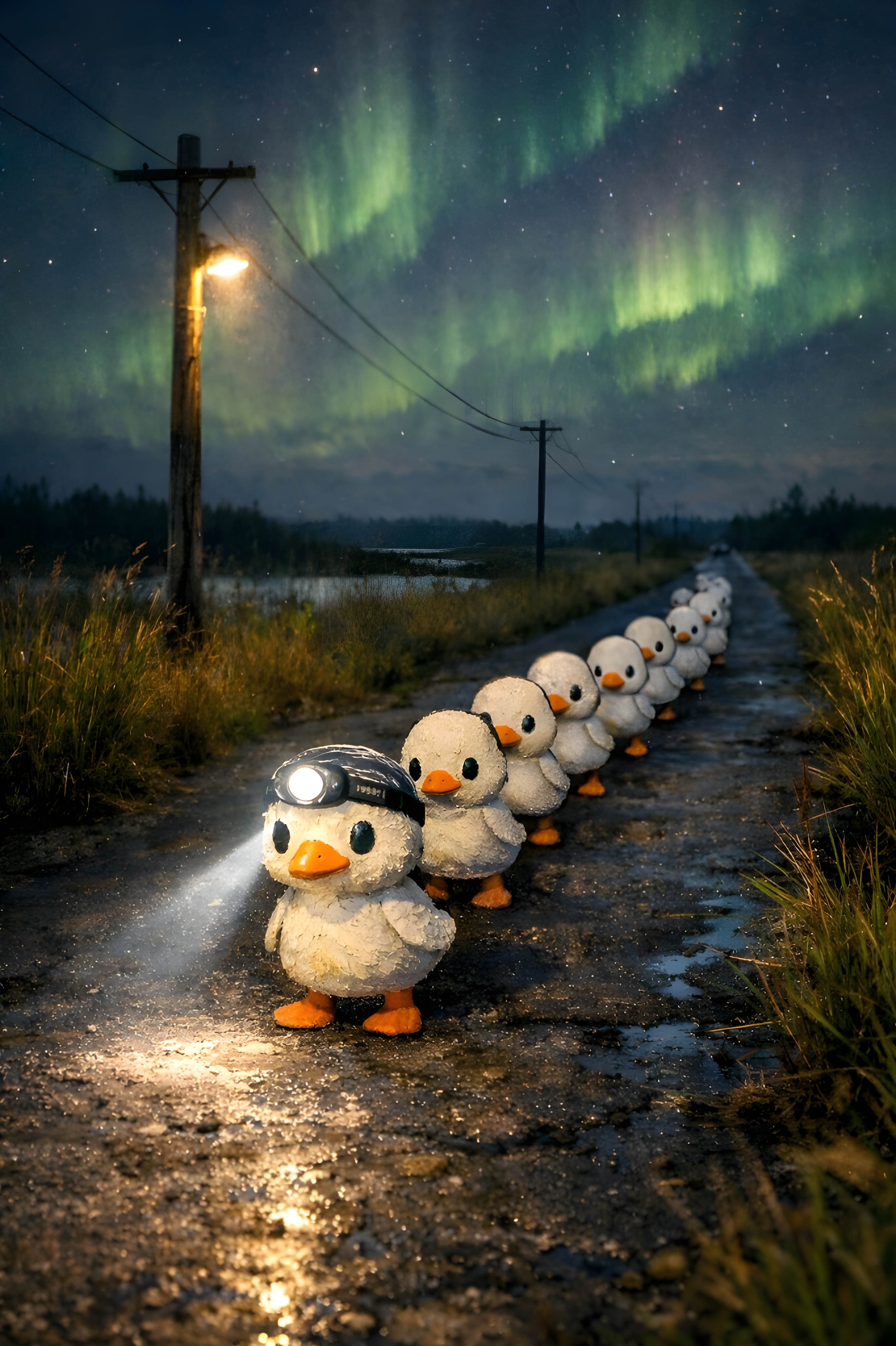 amazing details, high-quality HD, shot on a Sony A7R IV, 50mm f/1.8 lens, a professional real-life photograph of a long desolate road with high grass on either side, marshy. Sky filled with aurora lights. Late evening, dark, single telephone pole with a feint light that shines down on the road. Walking along the road, a large group of chibi geese march in single file. The leader of the group wears a bright head lamp that lights their way. The geese's expressions are cute and innocent. The natural and realistic atmosphere is captured perfectly. The geese are 2D, hand-painted with impasto texture. A professional image taken from a Sony A7R IV, 50mm f/1.8 lens, resembling real-life photography, natural lighting, professional photography, soft natural lighting