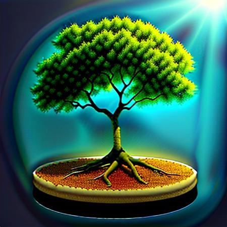 highly detailed, high quality, round shaped tree, tree floating, glowing tree, roots, above transparent water,