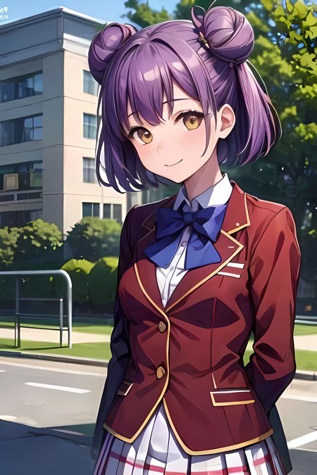 1girl, tachibana akane, purple hair, hair bun, double bun, yellow eyes school uniform, blazer, red jacket, white skirt