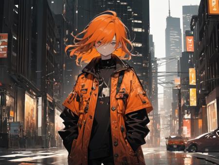 (masterpiece, best quality),1boy,   orange hair,   abandoned Toronto city midnight,  cool, crimson, pop theme,