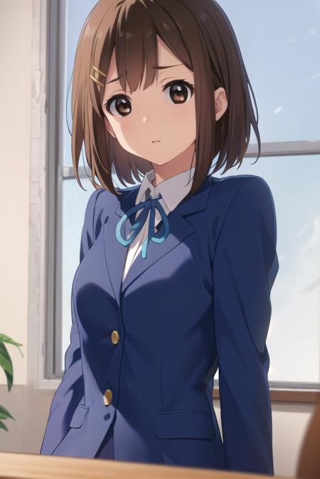 yuihirasawa, <lora:yui hirasawa s2-lora-nochekaiser:1>,
yui hirasawa, short hair, brown hair, hair ornament, (brown eyes:1.5), hairclip,
BREAK sakuragaoka high school uniform, school uniform, uniform, blazer, shirt, white shirt, collared shirt, skirt, pleated skirt,
BREAK indoors, classroom,
BREAK looking at viewer, (cowboy shot:1.5),
BREAK <lyco:GoodHands-beta2:1>, (masterpiece:1.2), best quality, high resolution, unity 8k wallpaper, (illustration:0.8), (beautiful detailed eyes:1.6), extremely detailed face, perfect lighting, extremely detailed CG, (perfect hands, perfect anatomy),