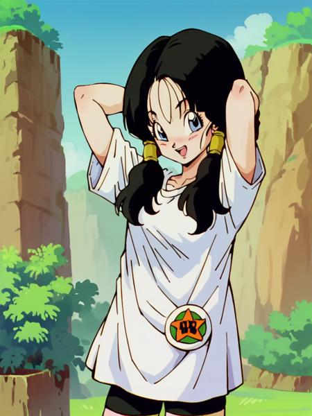 videl, black hair, blue eyes, low twintails, hair tubes, videl, black hair, blue eyes, black hair, short hair, bangs, spiked hair, fingerless gloves, white t-shirt, short sleeves, long t-shirt, bike shorts, badge, purple t-shirt, short sleeves, white tank top, long tank top, black leggings,