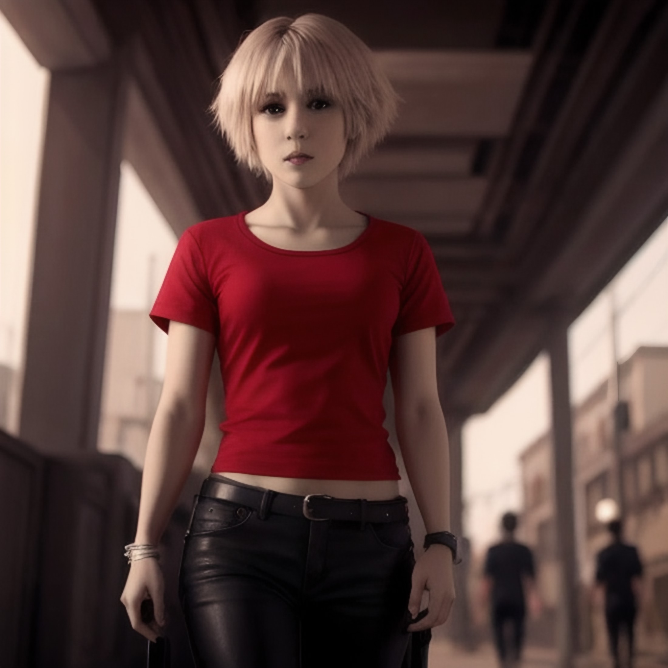 ((DSLR Photo)), ((realistic))), ChianaFarscape, wearing a red t-shirt, from nearby, (front view:1.5), soft lighting, perfe...